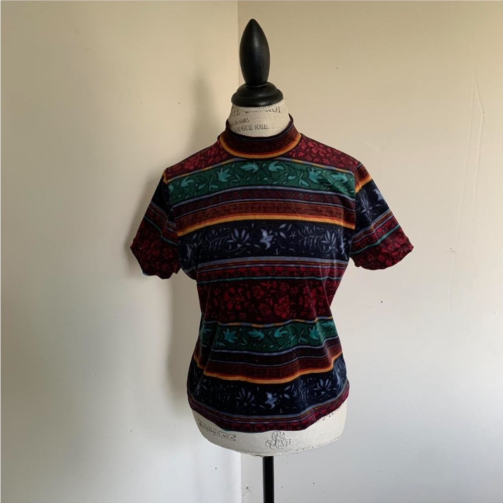 Vintage 90s Striped Fliral Velvet Velour Turtleneck Top 1990s